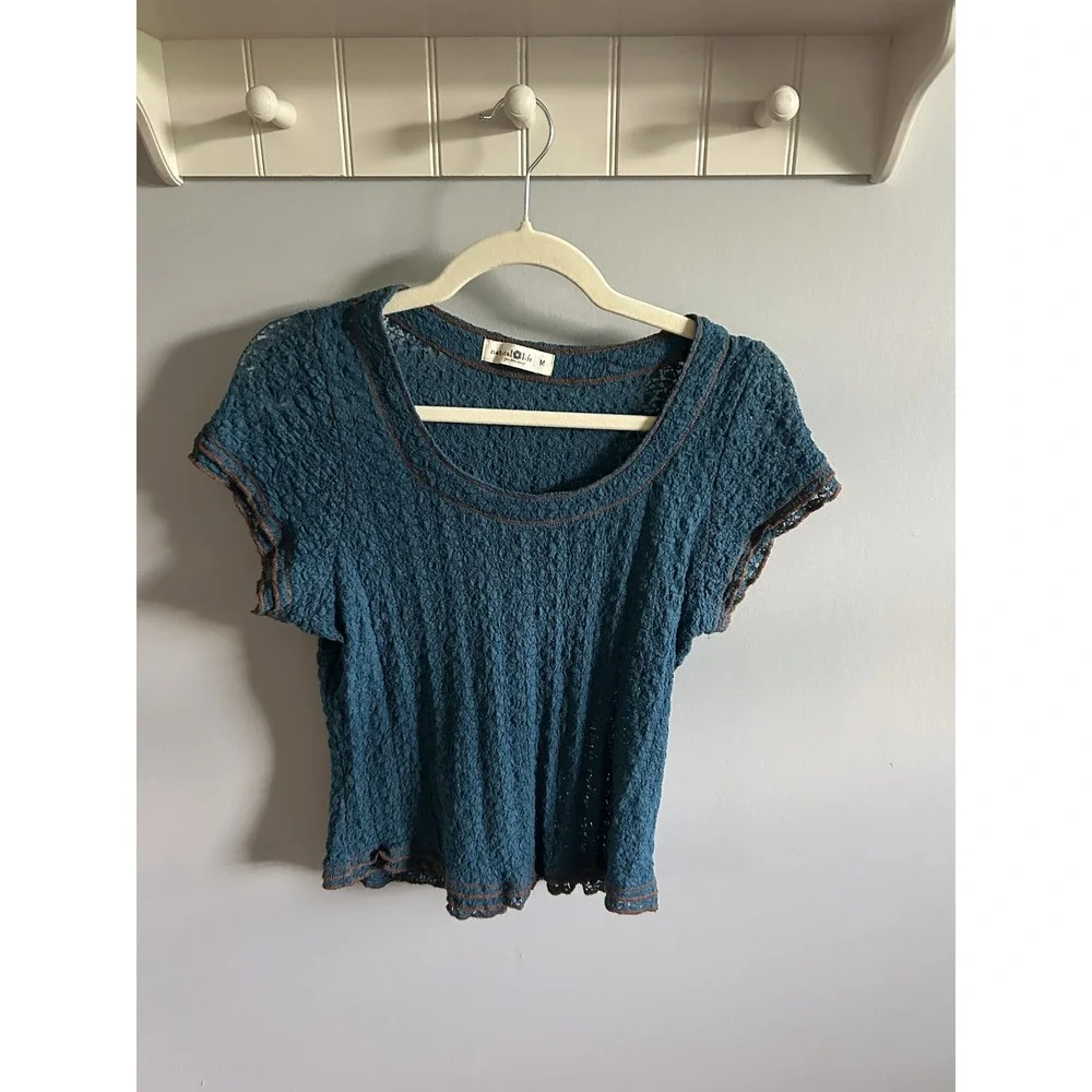 Natural Life Women Medium Teal Blue Lace Textured Knit Scoop Neck Boho Top